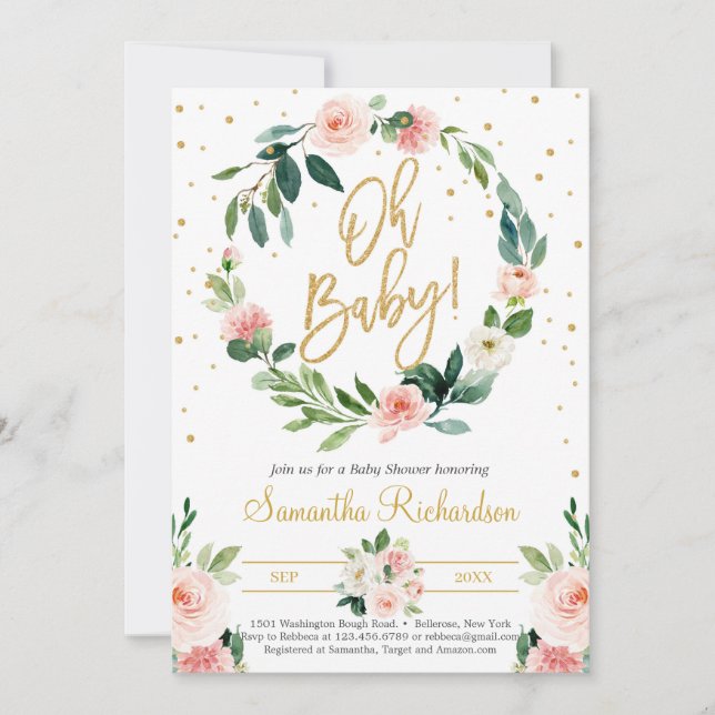 Floral Wreath and Greenery Eucalyptus Oh Baby Boho Einladung (Vorderseite)