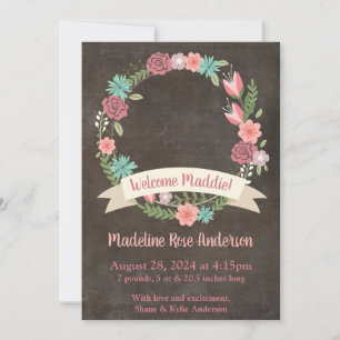 Floral Wreath Baby Girl Foto Geburtsankündigung Ankündigung