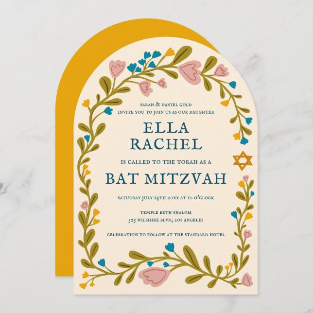 Floral Wreath Bat Mitzvah Handgezeichnet Custom Ar Einladung (Vorne/Hinten)
