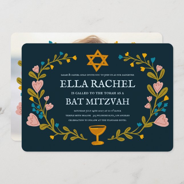 Floral Wreath Bat Mitzvah Handgezeichnet Custom Einladung (Vorne/Hinten)