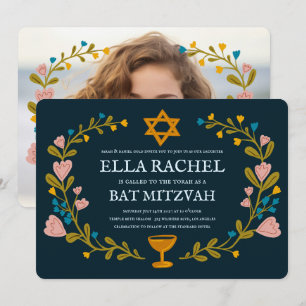 Floral Wreath Bat Mitzvah Handgezeichnet Custom Einladung