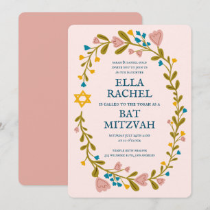 Floral Wreath Bat Mitzvah Handgezeichnet Custom Einladung