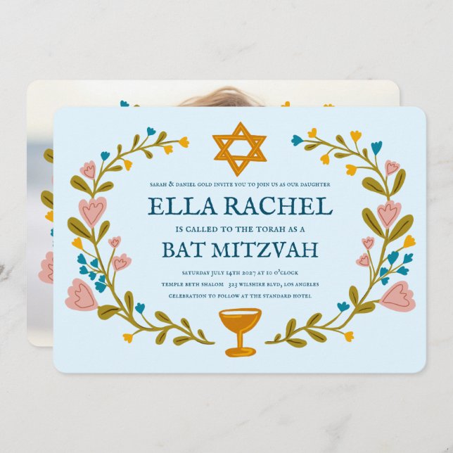 Floral Wreath Bat Mitzvah Handgezeichnet Custom Einladung (Vorne/Hinten)