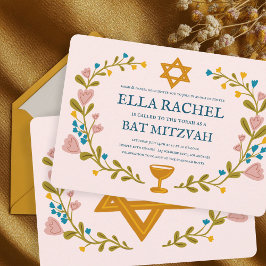 Floral Wreath Bat Mitzvah Handgezeichnet Custom Einladung