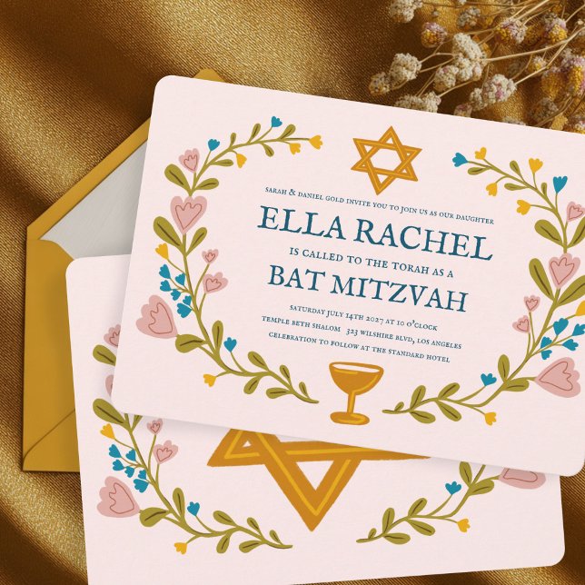 Floral Wreath Bat Mitzvah Handgezeichnet Custom Einladung (Floral Wreath Bat Mitzvah Hand-drawn Custom Invitation
)