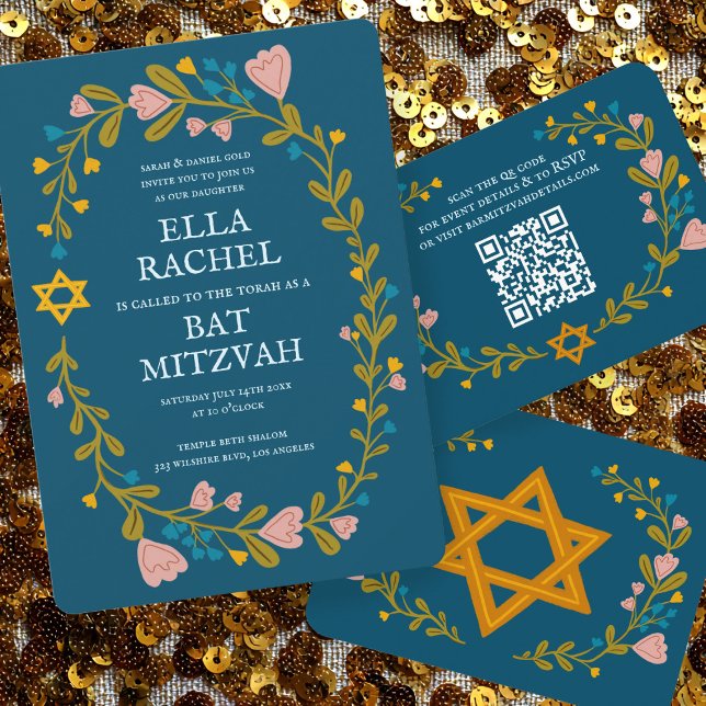 Floral Wreath Bat Mitzvah Handgezeichnet Custom Einladung (Floral Wreath Bat Mitzvah Hand-drawn Custom Invitation
)