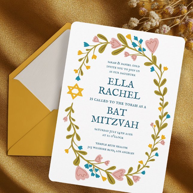 Floral Wreath Bat Mitzvah Handgezeichnet Custom Einladung (Floral Wreath Bat Mitzvah Hand-drawn Custom Invitation
)