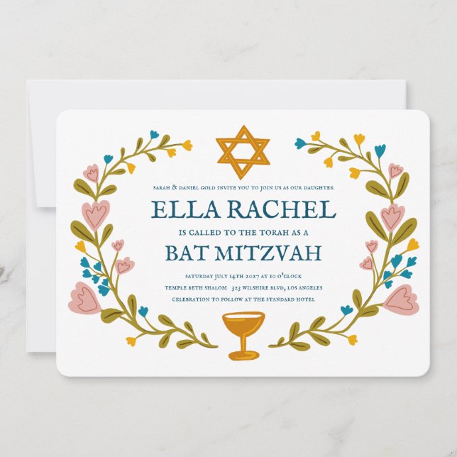 Floral Wreath Bat Mitzvah Handgezeichnet Custom Einladung (Vorderseite)