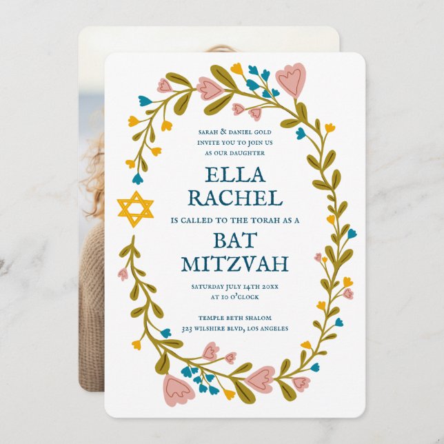 Floral Wreath Bat Mitzvah Handgezeichnet Custom Einladung (Vorne/Hinten)