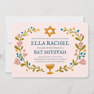 Floral Wreath Bat Mitzvah Handgezeichnet Custom Einladung