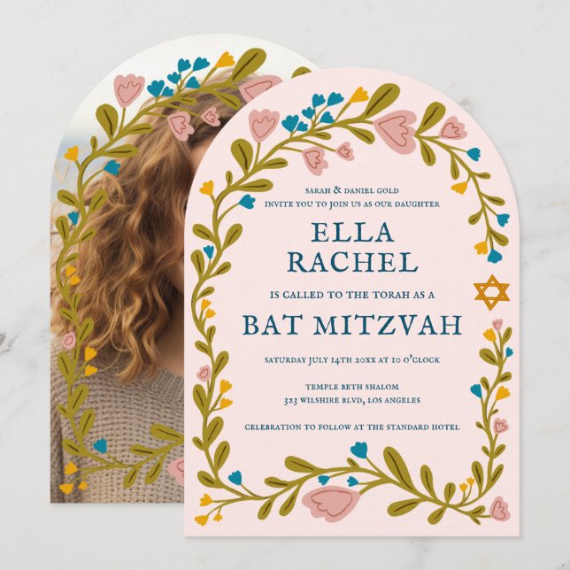 Floral Wreath Bat Mitzvah Handgezeichnet Custom FO Einladung (Vorne/Hinten)