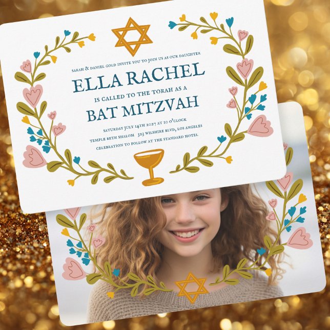Floral Wreath Bat Mitzvah Handgezeichnet Custom Fo Einladung (Floral Wreath Bat Mitzvah Hand-drawn Custom Photo Invitation
)