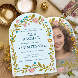 Floral Wreath Bat Mitzvah Handgezeichnet Custom FO Einladung