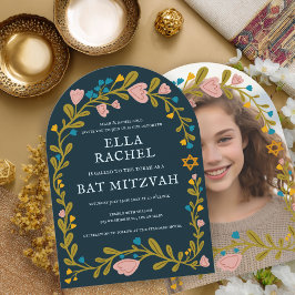 Floral Wreath Bat Mitzvah Handgezeichnet Custom FO Einladung
