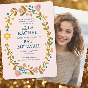 Floral Wreath Bat Mitzvah Handgezeichnet Custom Fo Einladung