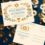 Floral Wreath Bat Mitzvah Handgezeichnet Custom Postkarte<br><div class="desc">Perfekte Postkarte, um eine Bar mitzvah, Fledermausmitzvah oder andere jüdische Feier anzukündigen! Handgemachte Kunst für Sie! Vollständig anpassbar! Klicken Sie auf "Personalisieren" oben, um den Text zu bearbeiten. Klicken Sie auf "Bearbeiten mit dem Designwerkzeug", um die Schriftart, Farben und Einstellungen anzupassen. AUCH als Flachkarte oder als Download erhältlich, Karo meinen...</div>