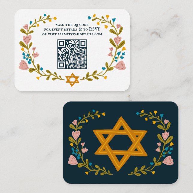 Floral Wreath Bat Mitzvah Handgezeichnet Custom QR Begleitkarte (Vorne/Hinten)
