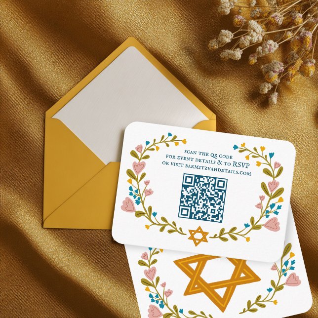 Floral Wreath Bat Mitzvah Handgezeichnet Custom QR Begleitkarte (Floral Wreath Bat Mitzvah Hand-drawn Custom QR code Enclosure Card
)