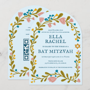 Floral Wreath Bat Mitzvah Handgezeichnet Custom QR Einladung