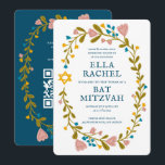 Floral Wreath Bat Mitzvah Handgezeichnet Custom QR Einladung<br><div class="desc">Perfekte Karte, um eine Bar mitzvah, Fledermausmitzvah oder andere jüdische Feier anzukündigen! Handgemachte Kunst für Sie! Vollständig anpassbar! Klicken Sie auf "Personalisieren" oben, um den Text zu bearbeiten und den Link zum QR-Code auf der Rückseite hinzuzufügen. Klicken Sie auf "Bearbeiten mit dem Designwerkzeug", um die Schriftart, Farben und Einstellungen anzupassen....</div>