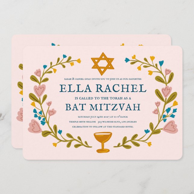Floral Wreath Bat Mitzvah Handgezeichnet Custom QR Einladung (Vorne/Hinten)