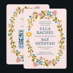 Floral Wreath Bat Mitzvah Handgezeichnet Custom QR Einladung<br><div class="desc">Perfekte Karte, um eine Bar mitzvah, Fledermausmitzvah oder andere jüdische Feier anzukündigen! Handgemachte Kunst für Sie! Vollständig anpassbar! Klicken Sie auf "Personalisieren" oben, um den Text zu bearbeiten und den Link zum QR-Code auf der Rückseite hinzuzufügen. Klicken Sie auf "Bearbeiten mit dem Designwerkzeug", um die Schriftart, Farben und Einstellungen anzupassen....</div>
