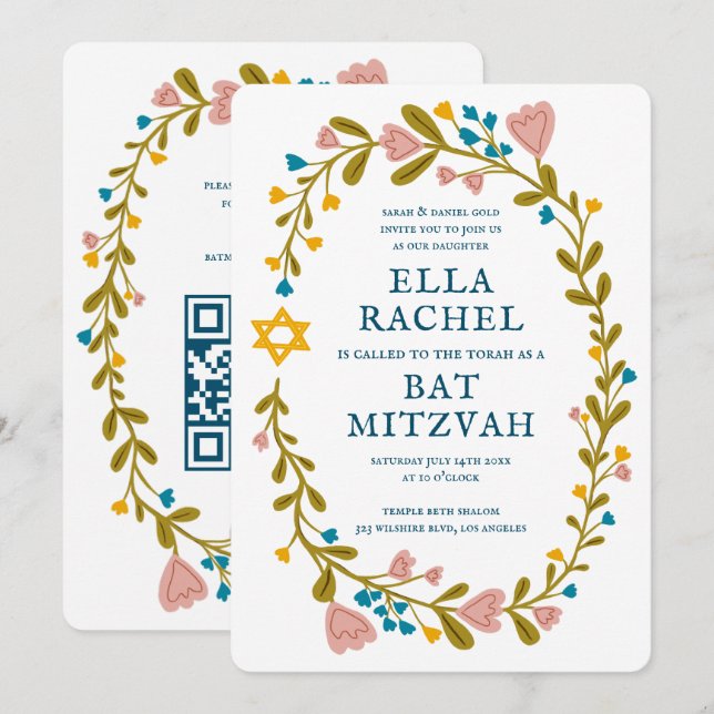 Floral Wreath Bat Mitzvah Handgezeichnet Custom QR Einladung (Vorne/Hinten)