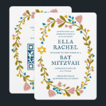 Floral Wreath Bat Mitzvah Handgezeichnet Custom QR Einladung<br><div class="desc">Perfekte Karte, um eine Bar mitzvah, Fledermausmitzvah oder andere jüdische Feier anzukündigen! Handgemachte Kunst für Sie! Vollständig anpassbar! Klicken Sie auf "Personalisieren" oben, um den Text zu bearbeiten und den Link zum QR-Code auf der Rückseite hinzuzufügen. Klicken Sie auf "Bearbeiten mit dem Designwerkzeug", um die Schriftart, Farben und Einstellungen anzupassen....</div>