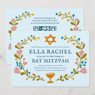 Floral Wreath Bat Mitzvah Handgezeichnet Custom QR Einladung