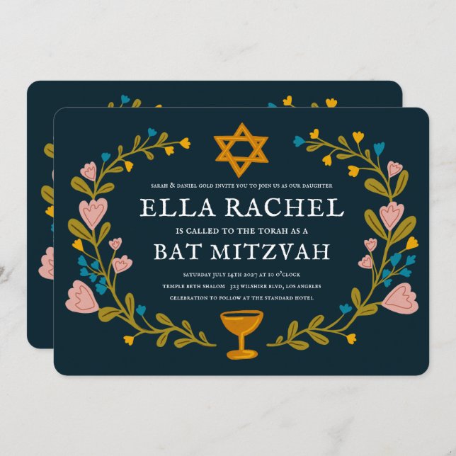 Floral Wreath Bat Mitzvah Handgezeichnet Custom QR Einladung (Vorne/Hinten)