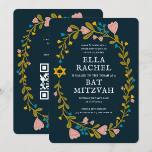 Floral Wreath Bat Mitzvah Handgezeichnet Custom QR Einladung