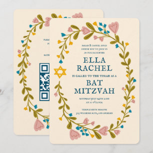 Floral Wreath Bat Mitzvah Handgezeichnet Custom QR Einladung