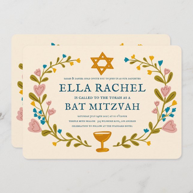 Floral Wreath Bat Mitzvah Handgezeichnet Custom QR Einladung (Vorne/Hinten)