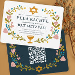 Floral Wreath Bat Mitzvah Handgezeichnet Custom QR Einladung<br><div class="desc">Perfekte Karte, um eine Bar mitzvah, Fledermausmitzvah oder andere jüdische Feier anzukündigen! Handgemachte Kunst für Sie! Vollständig anpassbar! Klicken Sie auf "Personalisieren" oben, um den Text zu bearbeiten und Ihre Links zum QR-Code auf der Rückseite hinzuzufügen. Klicken Sie auf "Bearbeiten mit dem Designwerkzeug", um die Schriftart, Farben und Einstellungen anzupassen....</div>