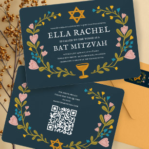 Floral Wreath Bat Mitzvah Handgezeichnet Custom QR Einladung