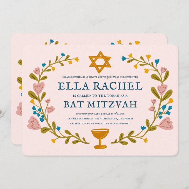 Floral Wreath Bat Mitzvah Handgezeichnet Custom QR Einladung (Vorne/Hinten)