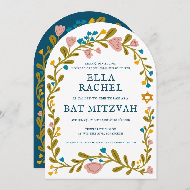 Floral Wreath Bat Mitzvah Handgezeichnet Custom QR Einladung (Vorne/Hinten)