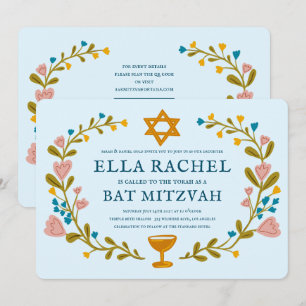 Floral Wreath Bat Mitzvah Handgezeichnet Custom QR Einladung