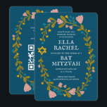 Floral Wreath Bat Mitzvah Handgezeichnet Custom QR Einladung<br><div class="desc">Perfekte Karte, um eine Bar mitzvah, Fledermausmitzvah oder andere jüdische Feier anzukündigen! Handgemachte Kunst für Sie! Vollständig anpassbar! Klicken Sie auf "Personalisieren" oben, um den Text zu bearbeiten und den Link zum QR-Code auf der Rückseite hinzuzufügen. Klicken Sie auf "Bearbeiten mit dem Designwerkzeug", um die Schriftart, Farben und Einstellungen anzupassen....</div>