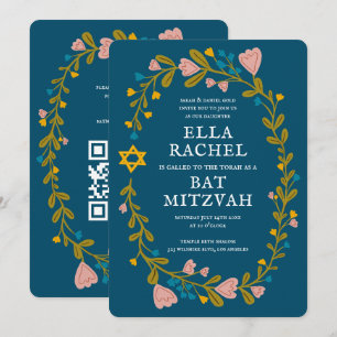 Floral Wreath Bat Mitzvah Handgezeichnet Custom QR Einladung