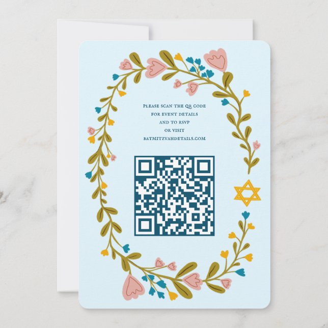 Floral Wreath Bat Mitzvah Handgezeichnet Custom QR Einladung (Rückseite)