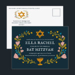 Floral Wreath Bat Mitzvah Handgezeichnet Custom QR Postkarte<br><div class="desc">Perfekte Postkarte, um eine Bar mitzvah, Fledermausmitzvah oder andere jüdische Feier anzukündigen! Handgemachte Kunst für Sie! Vollständig anpassbar! Klicken Sie auf "Personalisieren" oben, um den Text zu bearbeiten und den Link zum QR-Code auf der Rückseite hinzuzufügen. Klicken Sie auf "Bearbeiten mit dem Designwerkzeug", um die Schriftart, Farben und Einstellungen anzupassen....</div>