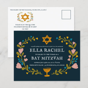 Floral Wreath Bat Mitzvah Handgezeichnet Custom QR Postkarte