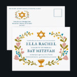 Floral Wreath Bat Mitzvah Handgezeichnet Custom QR Postkarte<br><div class="desc">Perfekte Postkarte, um eine Bar mitzvah, Fledermausmitzvah oder andere jüdische Feier anzukündigen! Handgemachte Kunst für Sie! Vollständig anpassbar! Klicken Sie auf "Personalisieren" oben, um den Text zu bearbeiten und den Link zum QR-Code auf der Rückseite hinzuzufügen. Klicken Sie auf "Bearbeiten mit dem Designwerkzeug", um die Schriftart, Farben und Einstellungen anzupassen....</div>