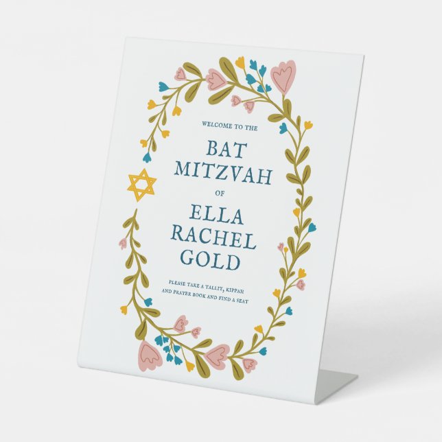 Floral Wreath Bat Mitzvah Handgezeichnet Custom We Sockelschild (Vorderseite)