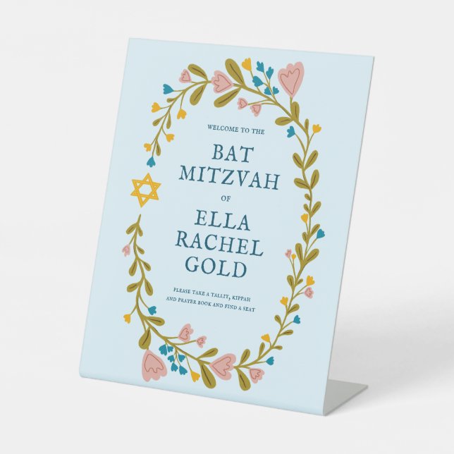 Floral Wreath Bat Mitzvah Handgezeichnet Custom We Sockelschild (Vorderseite)
