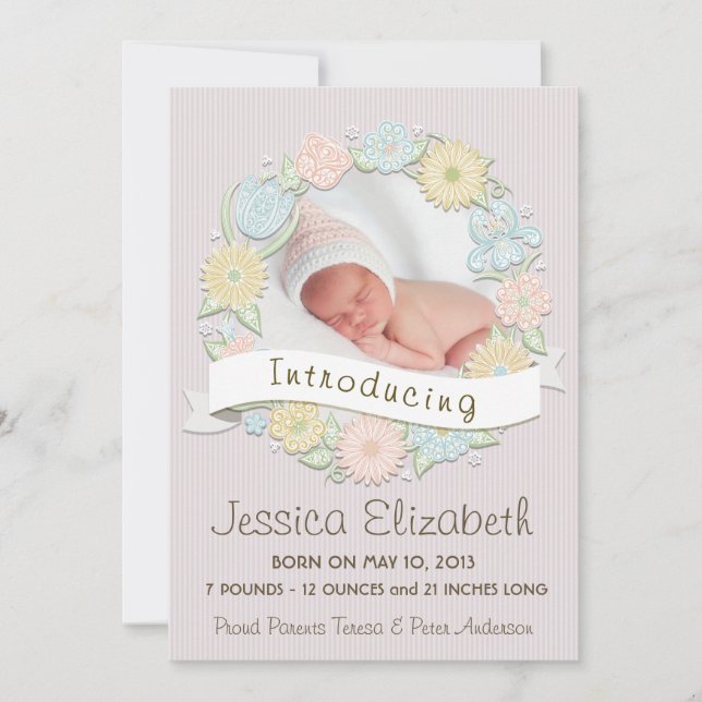 Floral Wreath Birth Anncouncement Ankündigung (Vorderseite)