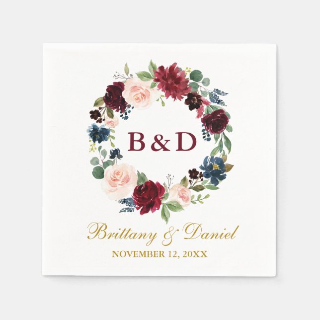 Floral Wreath Burgundy Blue Gold Wedding Serviette (Vorderseite)