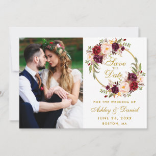 Floral Wreath Burgundy Gold Save the Date Foto