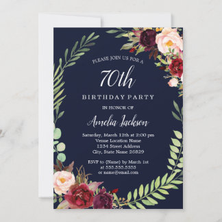 Floral Wreath Burgundy Navy 70. Geburtstag Einladung
